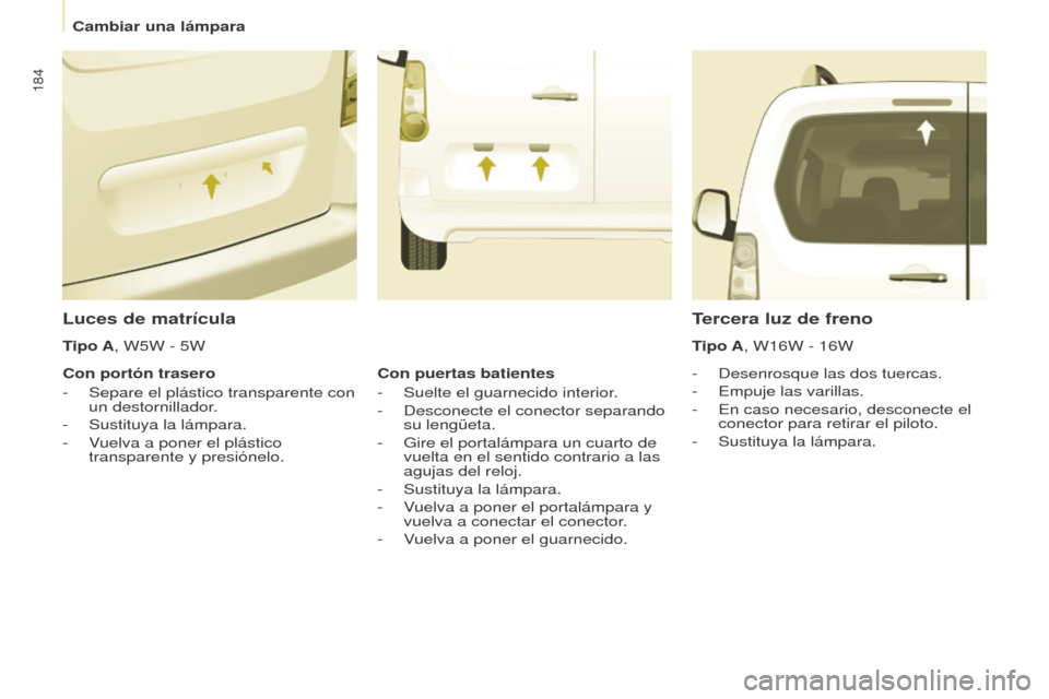Peugeot Partner Tepee 2015 Manual del propietario (in Spanish) 184
Partner-2-VP_es_Chap08_Aide-rapide_ed01-2015Partner-2-VP_es_Chap08_Aide-rapide_ed01-2015
Luces de matrícula
- Desenrosque las dos tuercas.
-
Empuje las varilla
s.
-
En caso necesario, descon Peugeot Partner Tepee 2015 Manual del propietario (in Spanish) 184
Partner-2-VP_es_Chap08_Aide-rapide_ed01-2015Partner-2-VP_es_Chap08_Aide-rapide_ed01-2015
Luces de matrícula
- Desenrosque las dos tuercas.
-
Empuje las varilla
s.
-
En caso necesario, descon