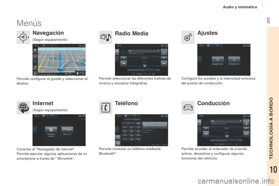 Peugeot Partner Tepee 2015  Manual del propietario (in Spanish)  205
Partner-2-VP_es_Chap10a_SMEGplus_ed01-2015
Menús
Ajustes
Radio Media
Navegación
Conducción
Internet Teléfono
Configure los sonidos y la intensidad luminosa 
del puesto de conducción.
Permite