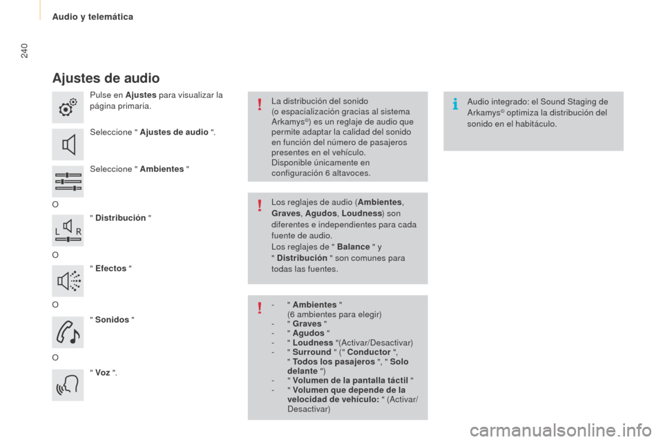Peugeot Partner Tepee 2015 Manual del propietario (in Spanish) 240
Partner-2-VP_es_Chap10a_SMEGplus_ed01-2015
Ajustes de audio
Pulse en Ajustes para visualizar la
página primaria.
Seleccione " Ajustes de audio ".
Seleccione " Ambientes "
O " Distribución "
O Peugeot Partner Tepee 2015 Manual del propietario (in Spanish) 240
Partner-2-VP_es_Chap10a_SMEGplus_ed01-2015
Ajustes de audio
Pulse en Ajustes para visualizar la
página primaria.
Seleccione " Ajustes de audio ".
Seleccione " Ambientes "
O " Distribución "
O