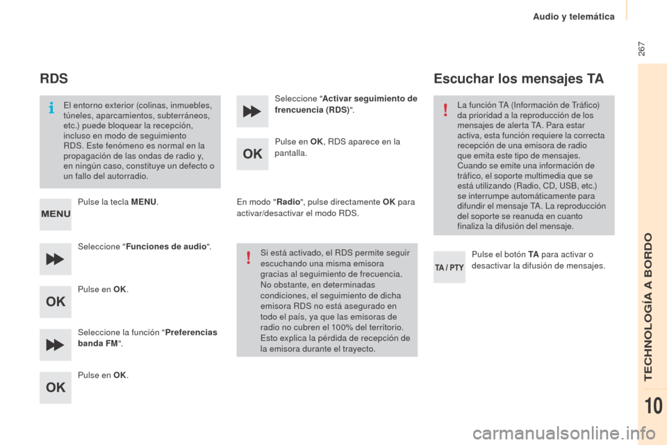 Peugeot Partner Tepee 2015  Manual del propietario (in Spanish)  267
Partner-2-VP_es_Chap10b_RD45_ed01-2015
RDS
El entorno exterior (colinas, inmuebles, 
túneles, aparcamientos, subterráneos, 
etc.) puede bloquear la recepción, 
incluso en modo de seguimiento 
