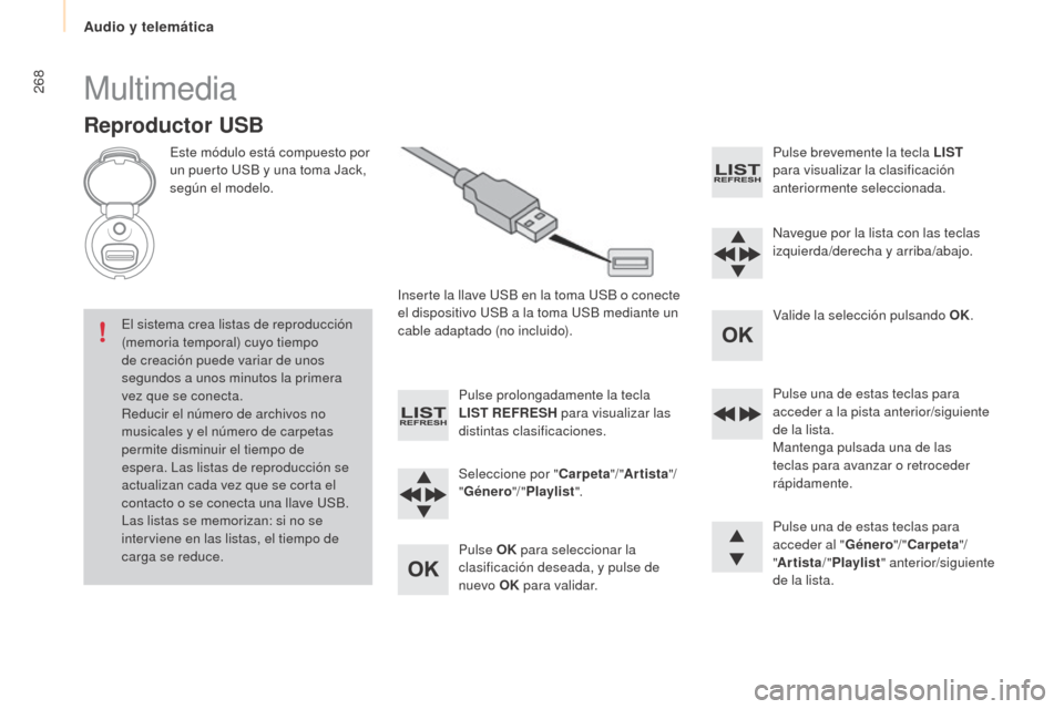 Peugeot Partner Tepee 2015 Manual del propietario (in Spanish) 268
Partner-2-VP_es_Chap10b_RD45_ed01-2015
Multimedia
Reproductor USB
Este módulo está compuesto por
un puerto USB y una toma Jack,
según el modelo.Inserte la llave USB en la toma USB o conecte
Peugeot Partner Tepee 2015 Manual del propietario (in Spanish) 268
Partner-2-VP_es_Chap10b_RD45_ed01-2015
Multimedia
Reproductor USB
Este módulo está compuesto por
un puerto USB y una toma Jack,
según el modelo.Inserte la llave USB en la toma USB o conecte
