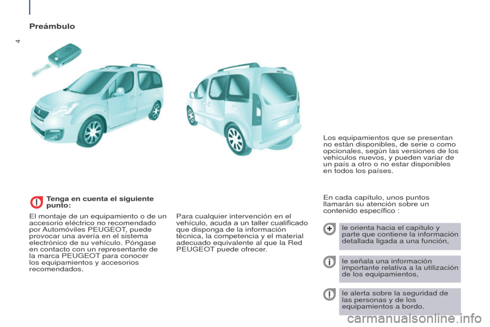 Peugeot Partner Tepee 2015  Manual del propietario (in Spanish) 4
Partner-2-VP_es_Chap01_vue-ensemble_ed01-2015
Preámbulo
En cada capítulo, unos puntos 
llamarán su atención sobre un 
contenido específico :le orienta hacia el capítulo y 
parte que contiene l