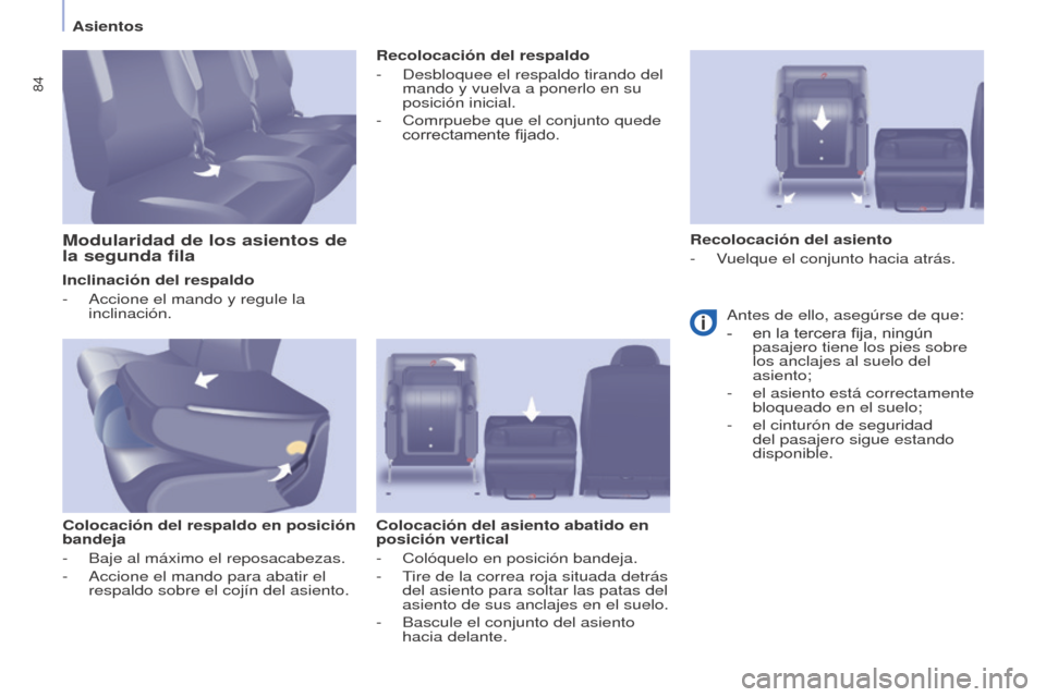 Peugeot Partner Tepee 2015 Manual del propietario (in Spanish) 84
Partner-2-VP_es_Chap04_Ergonomie_ed01-2015Partner-2-VP_es_Chap04_Ergonomie_ed01-2015
Inclinación del respaldo
-
Accione el mando y regule la
inclinación.
Colocación del respaldo en posición
Peugeot Partner Tepee 2015 Manual del propietario (in Spanish) 84
Partner-2-VP_es_Chap04_Ergonomie_ed01-2015Partner-2-VP_es_Chap04_Ergonomie_ed01-2015
Inclinación del respaldo
-
Accione el mando y regule la
inclinación.
Colocación del respaldo en posición