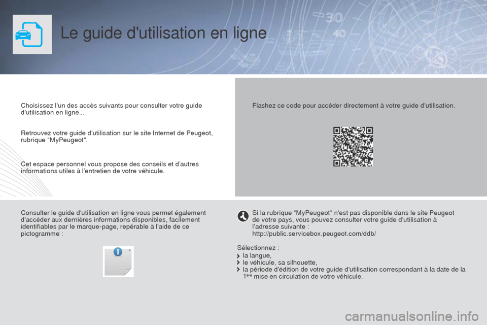 Peugeot Partner Tepee 2015 Manuel du propriétaire (in French) Le guide dutilisation en ligne
Choisissez lun des accès suivants pour consulter votre guide
dutilisation en ligne...
Consulter le guide dutilisation en ligne vous permet également
daccéder a Peugeot Partner Tepee 2015 Manuel du propriétaire (in French) Le guide dutilisation en ligne
Choisissez lun des accès suivants pour consulter votre guide
dutilisation en ligne...
Consulter le guide dutilisation en ligne vous permet également
daccéder a