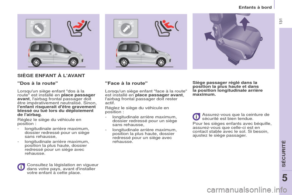 Peugeot Partner Tepee 2015 Manuel du propriétaire (in French) 131 131
SIèGE ENFANT à LAVANT
Consultez la législation en vigueur
dans votre pays, avant dinstaller
votre enfant à cette place.
"Dos à la route""Face à la route"
Lorsquun siège enfant "fa Peugeot Partner Tepee 2015 Manuel du propriétaire (in French) 131 131
SIèGE ENFANT à LAVANT
Consultez la législation en vigueur
dans votre pays, avant dinstaller
votre enfant à cette place.
"Dos à la route""Face à la route"
Lorsquun siège enfant "fa