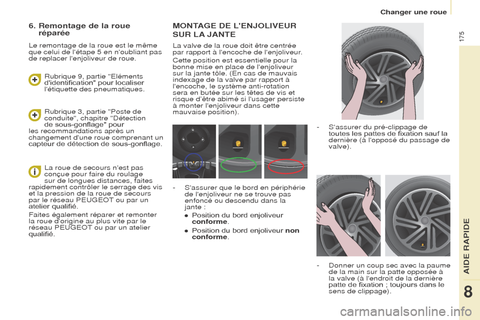 Peugeot Partner Tepee 2015 Manuel du propriétaire (in French) 175
MONTAGE DE LENJOLIVEUR
SUR
LA
JANTE
La valve de la roue doit être centrée
par rapport à lencoche de lenjoliveur.
Cette position est essentielle pour la
bonne mise en place de lenjol Peugeot Partner Tepee 2015 Manuel du propriétaire (in French) 175
MONTAGE DE LENJOLIVEUR
SUR
LA
JANTE
La valve de la roue doit être centrée
par rapport à lencoche de lenjoliveur.
Cette position est essentielle pour la
bonne mise en place de lenjol