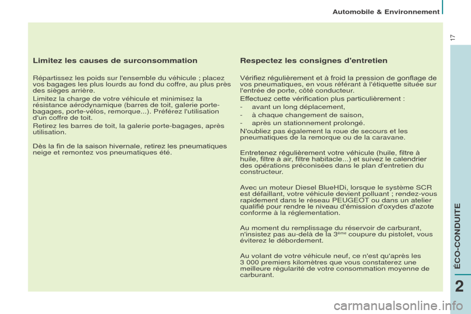 Peugeot Partner Tepee 2015  Manuel du propriétaire (in French) 17
Limitez les causes de surconsommation
Répartissez les poids sur lensemble du véhicule ; placez 
vos bagages les plus lourds au fond du coffre, au plus près 
des sièges arrière.
Limitez la cha