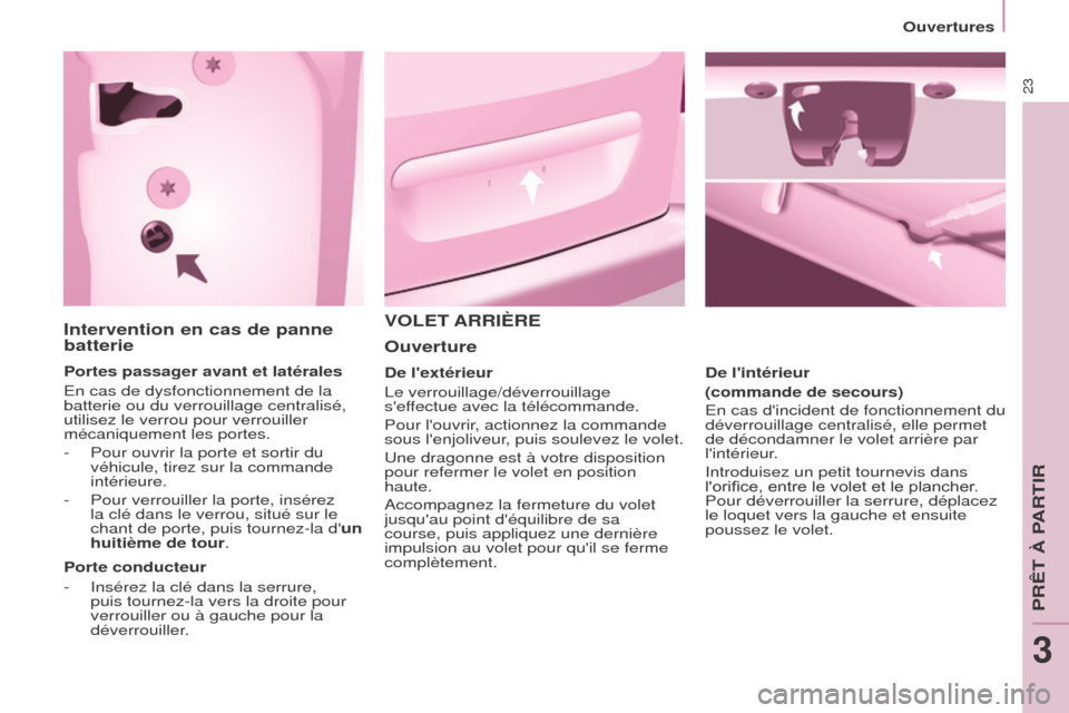 Peugeot Partner Tepee 2015  Manuel du propriétaire (in French) 23
Intervention en cas de panne 
batterie
Portes passager avant et latérales
En cas de dysfonctionnement de la 
batterie ou du verrouillage centralisé, 
utilisez le verrou pour verrouiller 
mécaniq