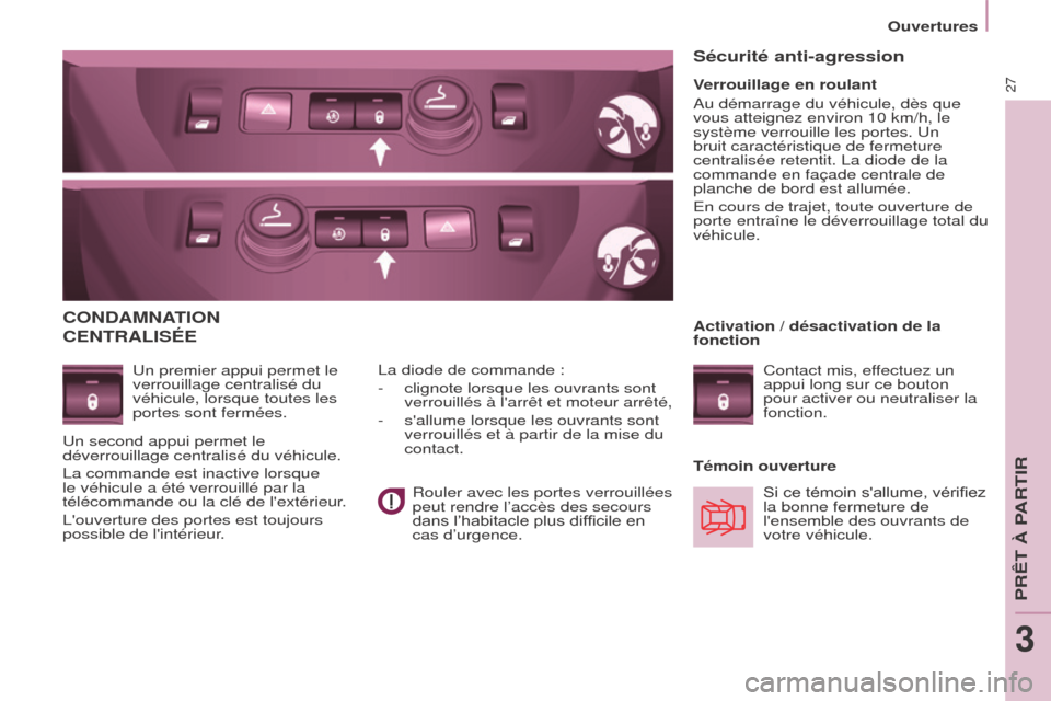 Peugeot Partner Tepee 2015  Manuel du propriétaire (in French) 27
CONDAMNATION 
CENTRALISÉE
Un premier appui permet le 
verrouillage centralisé du 
véhicule, lorsque toutes les 
portes sont fermées.Témoin ouverture
La diode de commande :
-
 
clignote lorsque