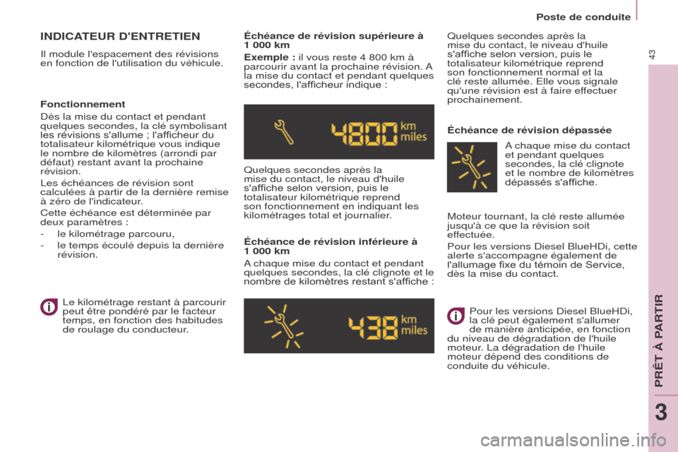 Peugeot Partner Tepee 2015  Manuel du propriétaire (in French) 43
INDICATEUR DENTRETIEN
Il module lespacement des révisions 
en fonction de lutilisation du véhicule.Échéance de révision supérieure à 
1 000 km
Exemple : il vous reste 4 800 km à 
parcour