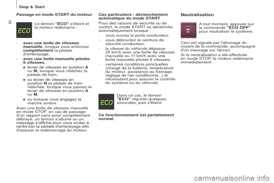 Peugeot Partner Tepee 2015  Manuel du propriétaire (in French) 50
Passage en mode START du moteurLe témoin "ECO" séteint et 
le moteur redémarre :
-
 
avec une boîte de vitesses 
manuelle

, lorsque vous enfoncez 
complètement la pédale 
dembrayage,
-
 
a