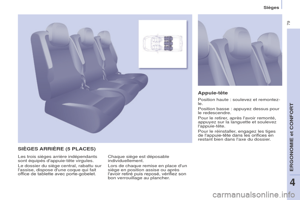 Peugeot Partner Tepee 2015 Manuel du propriétaire (in French) 79
SIèGES ARRIè RE (5 PLACES ) Appuie-tête
Chaque siège est déposable
individuellement.
Lors de chaque remise en place dun
siège en position assise ou après
lavoir retiré puis reposé, Peugeot Partner Tepee 2015 Manuel du propriétaire (in French) 79
SIèGES ARRIè RE (5 PLACES ) Appuie-tête
Chaque siège est déposable
individuellement.
Lors de chaque remise en place dun
siège en position assise ou après
lavoir retiré puis reposé,