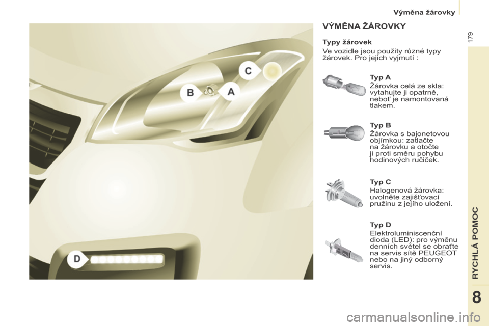 Peugeot Partner Tepee 2015  Návod k obsluze (in Czech) 179
Partner-2-VP_cs_Chap08_Aide-rapide_ed01-2015Partner-2-VP_cs_Chap08_Aide-rapide_ed01-2015
VýMĚNA žÁROVK y
Typ A
Žárovka celá ze skla: 
vytahujte ji opatrně, 
neboť je namontovaná 
tlakem.