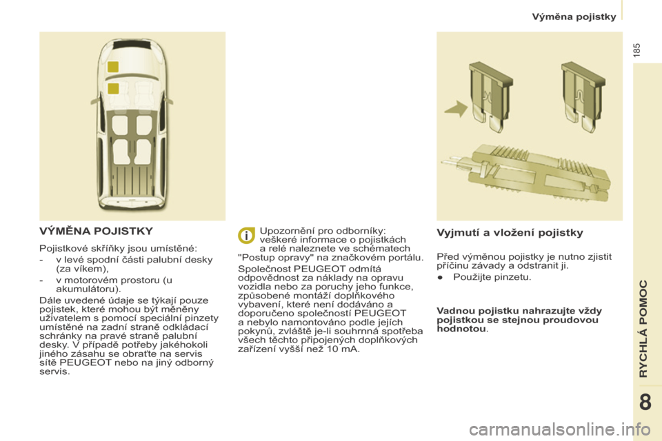Peugeot Partner Tepee 2015  Návod k obsluze (in Czech) 185
Partner-2-VP_cs_Chap08_Aide-rapide_ed01-2015Partner-2-VP_cs_Chap08_Aide-rapide_ed01-2015
VýMĚNA POJISTK y
Pojistkové skříňky jsou umístěné:
-
 
v levé spodní části palubní desky 
(za