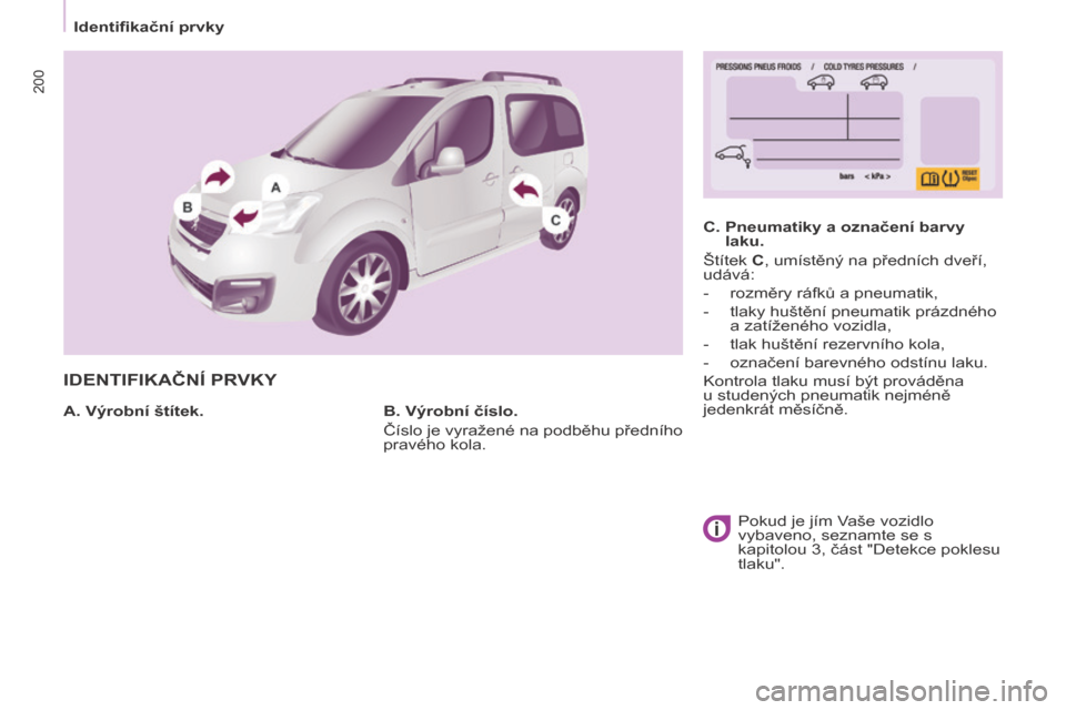 Peugeot Partner Tepee 2015  Návod k obsluze (in Czech) 200
Partner-2-VP_cs_Chap09_Caract-technique_ed01-2015Partner-2-VP_cs_Chap09_Caract-technique_ed01-2015
IDENTIFIKAČNÍ PRVKy
A. Výrobní štítek.C.   
Pneumatiky a označení barvy 
laku.
Štítek 
