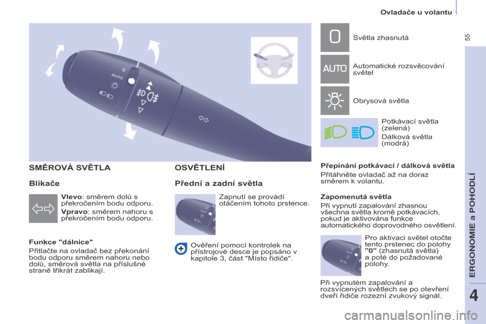 Peugeot Partner Tepee 2015 Návod k obsluze (in Czech) 55
Partner-2-VP_cs_Chap04_Ergonomie_ed01-2015
SMĚROVÁ SVĚTLA
Funkce "dálnice"
Přitlačte na ovladač bez překonání
bodu odporu směrem nahoru nebo
dolů, směrová světla na příslušné Peugeot Partner Tepee 2015 Návod k obsluze (in Czech) 55
Partner-2-VP_cs_Chap04_Ergonomie_ed01-2015
SMĚROVÁ SVĚTLA
Funkce "dálnice"
Přitlačte na ovladač bez překonání
bodu odporu směrem nahoru nebo
dolů, směrová světla na příslušné
