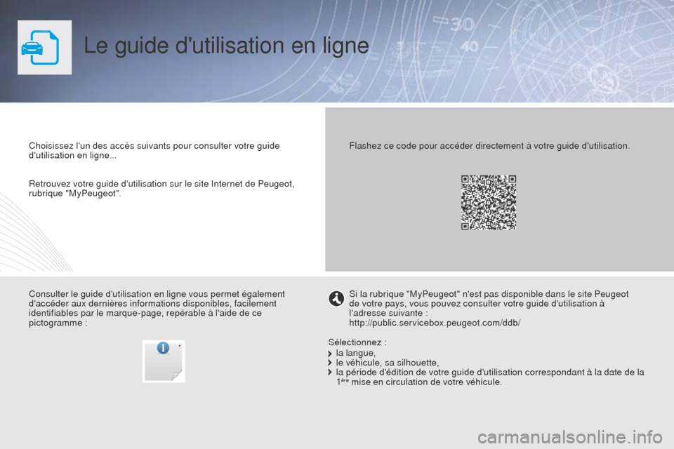 Peugeot Partner Tepee 2014.5  Manuel du propriétaire (in French) Le guide dutilisation en ligne
Choisissez lun des accès suivants pour consulter votre guide 
dutilisation en ligne...
Consulter le guide dutilisation en ligne vous permet également 
daccéder a