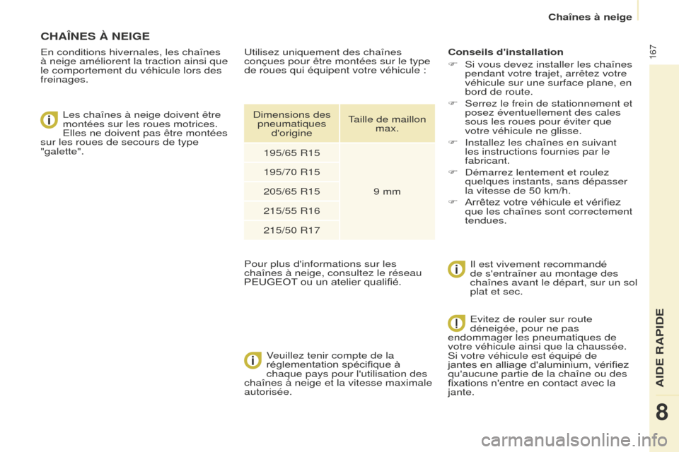 Peugeot Partner Tepee 2014.5  Manuel du propriétaire (in French) 167
CHAîNES À NEIGE
En conditions hivernales, les chaînes 
à neige améliorent la traction ainsi que 
le comportement du véhicule lors des 
freinages.Les chaînes à neige doivent être 
montées