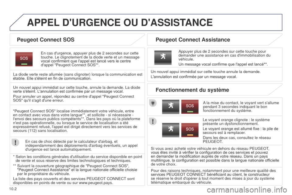 Peugeot Partner Tepee 2014.5 Manuel du propriétaire (in French) 10.2
APPEL D URGENCE OU D ASSISTANCE
En cas durgence, appuyer plus de 2 secondes sur cette
touche. Le clignotement de la diode verte et un message
vocal confirment que lappel est lancé ve Peugeot Partner Tepee 2014.5 Manuel du propriétaire (in French) 10.2
APPEL D URGENCE OU D ASSISTANCE
En cas durgence, appuyer plus de 2 secondes sur cette
touche. Le clignotement de la diode verte et un message
vocal confirment que lappel est lancé ve