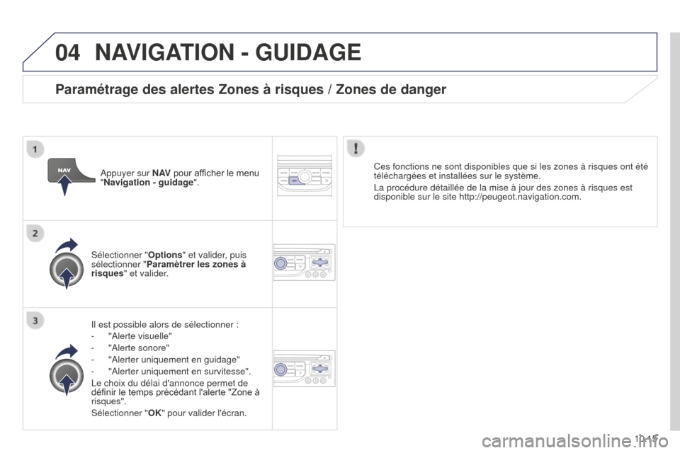 Peugeot Partner Tepee 2014.5 Manuel du propriétaire (in French) 04
10.15
NAVIGATION - GUIDAGE
Il est possible alors de sélectionner :
-
"Alerte visuelle"
-
"Alerte sonore"
-
"Alerter uniquement en guidage"
-
"Alerter uniquement en survitesse".
Le choix Peugeot Partner Tepee 2014.5 Manuel du propriétaire (in French) 04
10.15
NAVIGATION - GUIDAGE
Il est possible alors de sélectionner :
-
"Alerte visuelle"
-
"Alerte sonore"
-
"Alerter uniquement en guidage"
-
"Alerter uniquement en survitesse".
Le choix