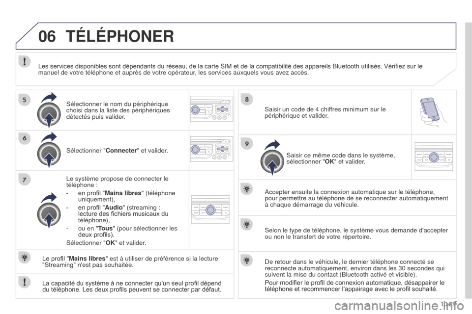 Peugeot Partner Tepee 2014.5  Manuel du propriétaire (in French) 06
10.27
TÉLÉPHONER
Sélectionner "Connecter" et valider.
Le système propose de connecter le 
téléphone :
-
 
en profil "
 Mains libres" (téléphone 
uniquement),
-
 
en profil "
 Audio" (stream