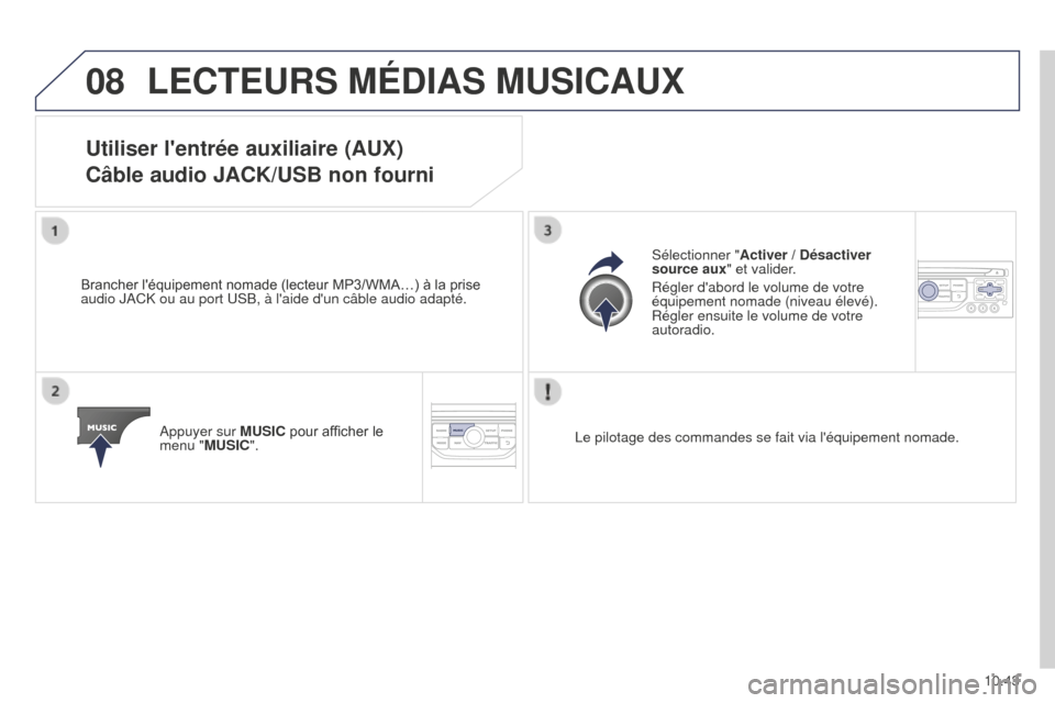 Peugeot Partner Tepee 2014.5  Manuel du propriétaire (in French) 08
10.43
LECTEURS MÉDIAS MUSICAUX
Utiliser lentrée auxiliaire (AUX)
Câble audio JACK/USB non fourni
Brancher léquipement nomade (lecteur MP3/WMA…) à la prise 
audio JACK ou au port USB, à l