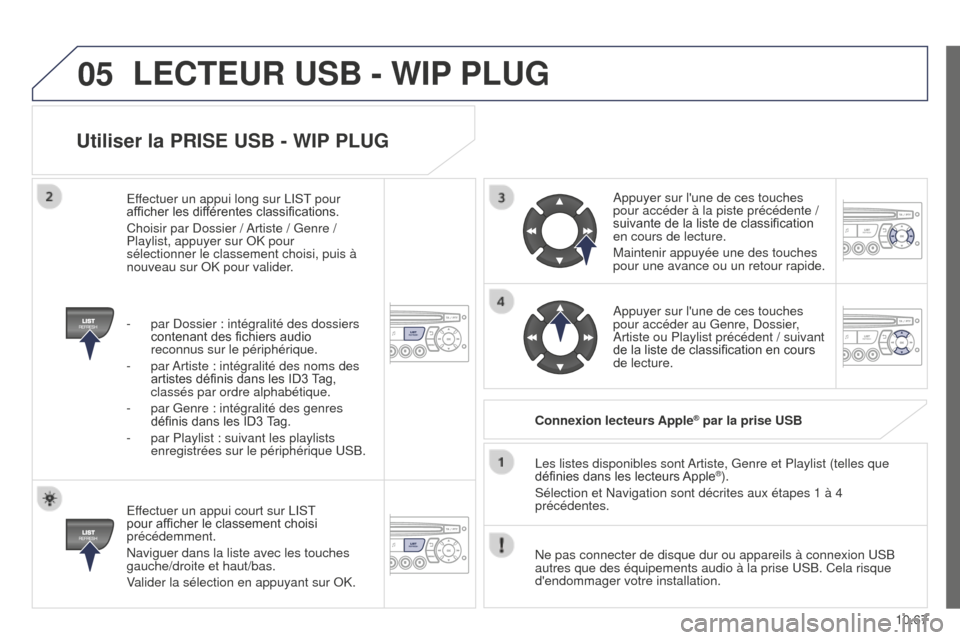 Peugeot Partner Tepee 2014.5 Manuel du propriétaire (in French) 05
10.67
Utiliser la PRISE USB - WIP PLUG
Effectuer un appui court sur LIST
pour afficher le classement choisi
précédemment.
Naviguer dans la liste avec les touches
gauche/droite et haut/bas.
Val Peugeot Partner Tepee 2014.5 Manuel du propriétaire (in French) 05
10.67
Utiliser la PRISE USB - WIP PLUG
Effectuer un appui court sur LIST
pour afficher le classement choisi
précédemment.
Naviguer dans la liste avec les touches
gauche/droite et haut/bas.
Val
