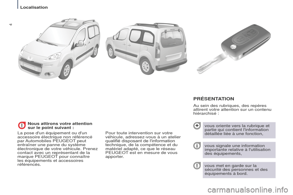 Peugeot Partner Tepee 2014.5  Manuel du propriétaire (in French) 4
Au sein des rubriques, des repères 
attirent votre attention sur un contenu 
hiérarchisé :
PRÉSENTATION
vous oriente vers la rubrique et 
partie qui contient linformation 
détaillée liée à 