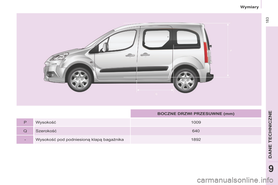 Peugeot Partner Tepee 2014.5  Instrukcja Obsługi (in Polish)  183
Partner_2_VP_pl_Chap09_Caract-technique_ed02-2014
BOCZNE DRZWI PRZESUWNE (mm)
P Wysokość 1009
Q Szerokość 640
- Wysokość pod podniesioną klapą bagażnika 1892 
Wymiary
DANE TECHNICZNE
9  