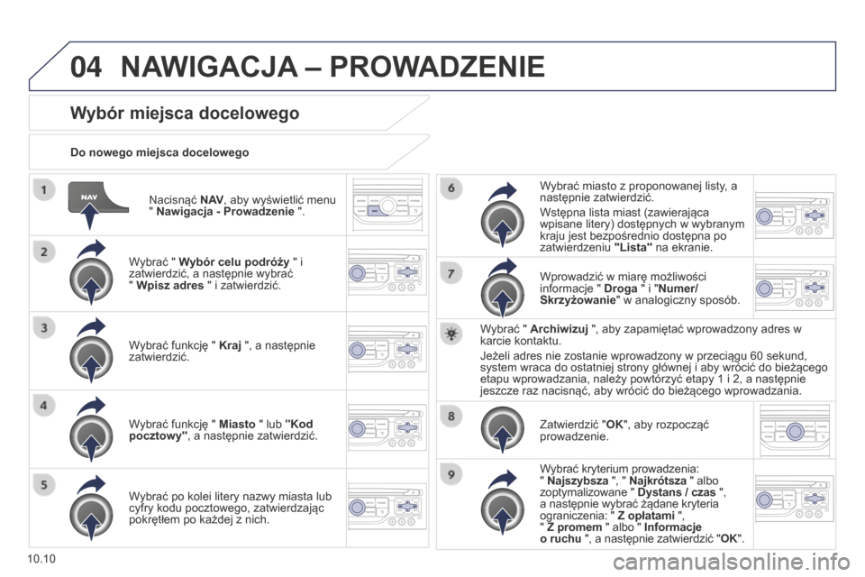 Peugeot Partner Tepee 2014.5 Instrukcja Obsługi (in Polish) 04
10.10
Partner_2_VP_pl_Chap10b_RT6-2-8_ed02-2014
Nacisnąć N AV, aby wyświetlić menu
" Nawigacja - Prowadzenie ".
Do nowego miejsca docelowego
Wybór miejsca docelowego
Wybrać " Wybór celu pod Peugeot Partner Tepee 2014.5 Instrukcja Obsługi (in Polish) 04
10.10
Partner_2_VP_pl_Chap10b_RT6-2-8_ed02-2014
Nacisnąć N AV, aby wyświetlić menu
" Nawigacja - Prowadzenie ".
Do nowego miejsca docelowego
Wybór miejsca docelowego
Wybrać " Wybór celu pod