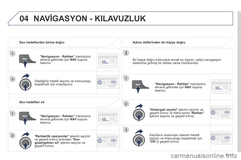 Peugeot Partner Tepee 2014.5 Kullanım Kılavuzu (in Turkish) 04
10.11
Partner_2_VP_tr_Chap10b_RT6-2-8_ed02-2014
Son hedeflerden birine doğru"Navigasyon - Rehber" menüsünü
ekrana getirmek için N AV tuşuna
basınız.
İstediğiniz hedefi seçiniz ve kıl Peugeot Partner Tepee 2014.5 Kullanım Kılavuzu (in Turkish) 04
10.11
Partner_2_VP_tr_Chap10b_RT6-2-8_ed02-2014
Son hedeflerden birine doğru"Navigasyon - Rehber" menüsünü
ekrana getirmek için N AV tuşuna
basınız.
İstediğiniz hedefi seçiniz ve kıl