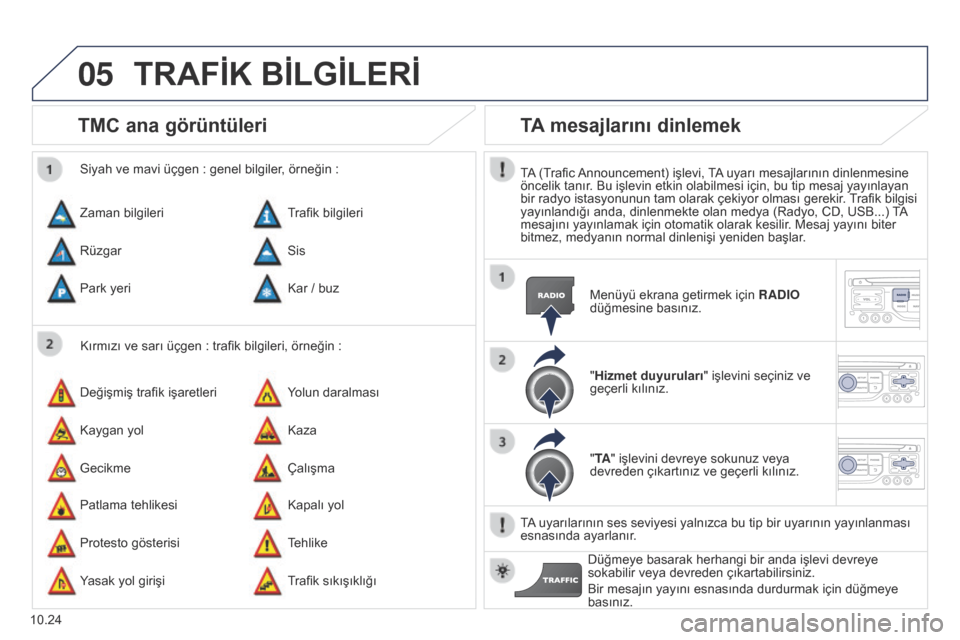 Peugeot Partner Tepee 2014.5 Kullanım Kılavuzu (in Turkish) 05
10.24
Partner_2_VP_tr_Chap10b_RT6-2-8_ed02-2014
TMC ana görüntüleri
Kırmızı ve sarı üçgen : trafik bilgileri, örneğin :
Siyah ve mavi üçgen : genel bilgiler, örneğin :
Zaman bilg Peugeot Partner Tepee 2014.5 Kullanım Kılavuzu (in Turkish) 05
10.24
Partner_2_VP_tr_Chap10b_RT6-2-8_ed02-2014
TMC ana görüntüleri
Kırmızı ve sarı üçgen : trafik bilgileri, örneğin :
Siyah ve mavi üçgen : genel bilgiler, örneğin :
Zaman bilg