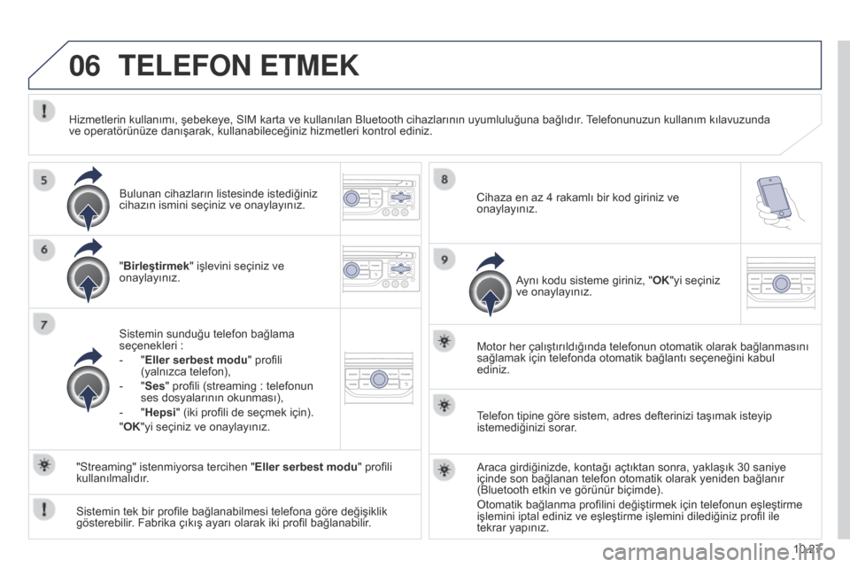 Peugeot Partner Tepee 2014.5 Kullanım Kılavuzu (in Turkish) 06
10.27
Partner_2_VP_tr_Chap10b_RT6-2-8_ed02-2014
TELEFON ETMEK
"Birleştirmek" işlevini seçiniz ve
onaylayınız.
Sistemin sunduğu telefon bağlama
seçenekleri
:
-
"
Eller serbest modu" p Peugeot Partner Tepee 2014.5 Kullanım Kılavuzu (in Turkish) 06
10.27
Partner_2_VP_tr_Chap10b_RT6-2-8_ed02-2014
TELEFON ETMEK
"Birleştirmek" işlevini seçiniz ve
onaylayınız.
Sistemin sunduğu telefon bağlama
seçenekleri
:
-
"
Eller serbest modu" p