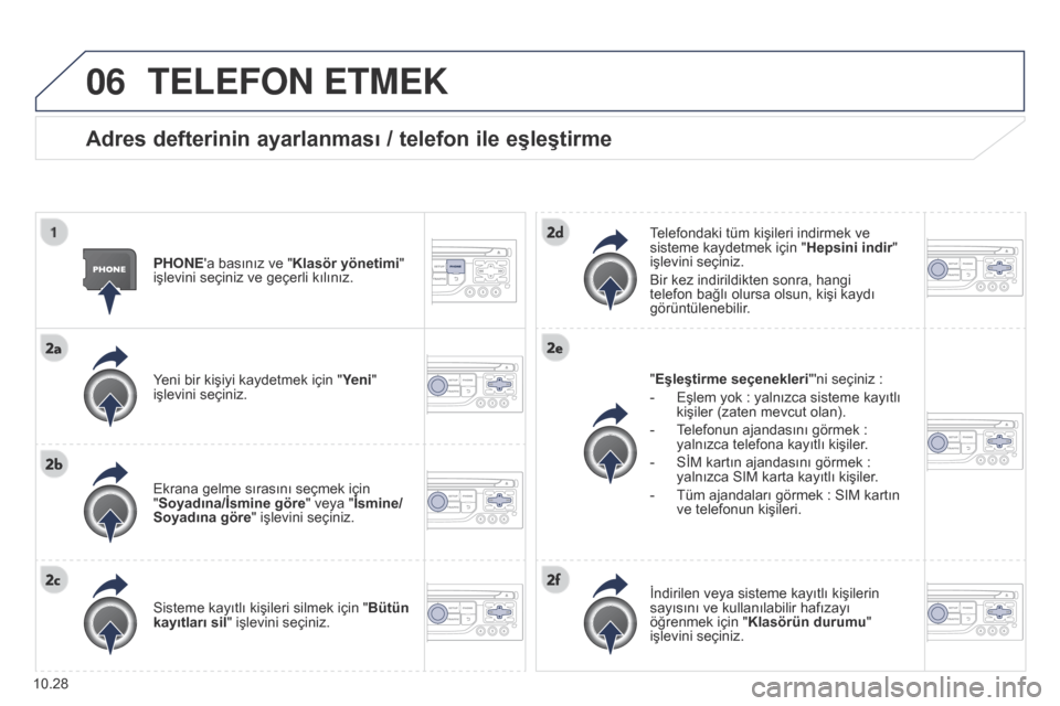 Peugeot Partner Tepee 2014.5 Kullanım Kılavuzu (in Turkish) 06
10.28
Partner_2_VP_tr_Chap10b_RT6-2-8_ed02-2014
TELEFON ETMEK
Adres defterinin ayarlanması / telefon ile eşleştirme
PHONEa basınız ve "Klasör yönetimi"
işlevini seçiniz ve geçerli kıl Peugeot Partner Tepee 2014.5 Kullanım Kılavuzu (in Turkish) 06
10.28
Partner_2_VP_tr_Chap10b_RT6-2-8_ed02-2014
TELEFON ETMEK
Adres defterinin ayarlanması / telefon ile eşleştirme
PHONEa basınız ve "Klasör yönetimi"
işlevini seçiniz ve geçerli kıl