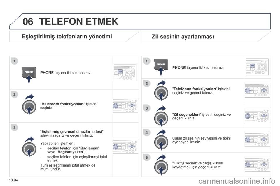 Peugeot Partner Tepee 2014.5 Kullanım Kılavuzu (in Turkish) 06
10.34
Partner_2_VP_tr_Chap10b_RT6-2-8_ed02-2014
PHONE tuşuna iki kez basınız.
"Eşlemmiş çevresel cihazlar listesi"
işlevini seçiniz ve geçerli kılınız.
Yapılabilen işlemler
:
-
s Peugeot Partner Tepee 2014.5 Kullanım Kılavuzu (in Turkish) 06
10.34
Partner_2_VP_tr_Chap10b_RT6-2-8_ed02-2014
PHONE tuşuna iki kez basınız.
"Eşlemmiş çevresel cihazlar listesi"
işlevini seçiniz ve geçerli kılınız.
Yapılabilen işlemler
:
-
s