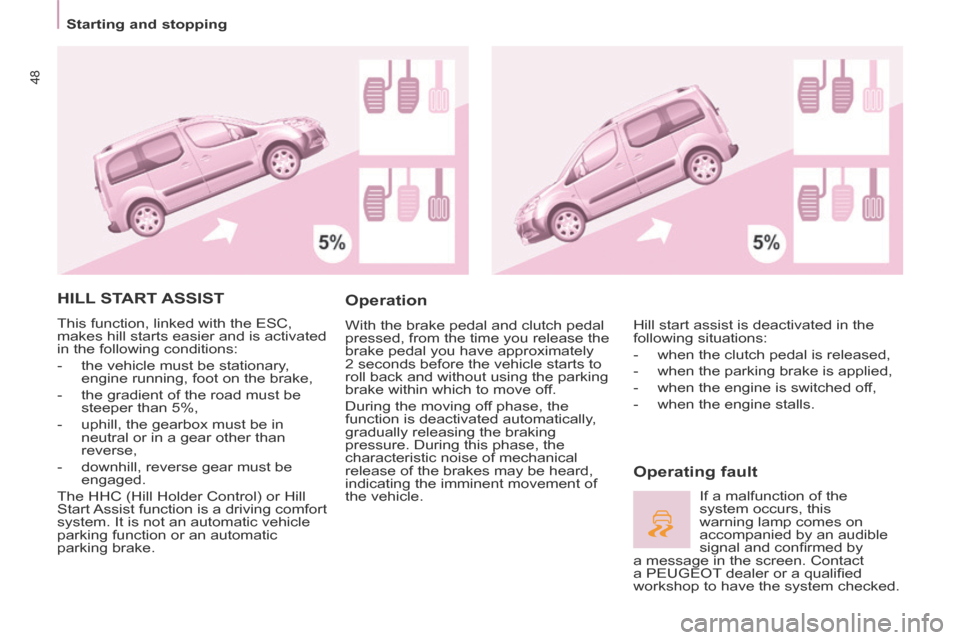 Peugeot Partner Tepee 2014 Service Manual Starting and stopping
48
HILL START ASSIST
This function, linked with the ESC,
makes hill starts easier and is activated
in the following conditions:
- the vehicle must be sta Peugeot Partner Tepee 2014 Service Manual Starting and stopping
48
HILL START ASSIST
This function, linked with the ESC,
makes hill starts easier and is activated
in the following conditions:
- the vehicle must be sta