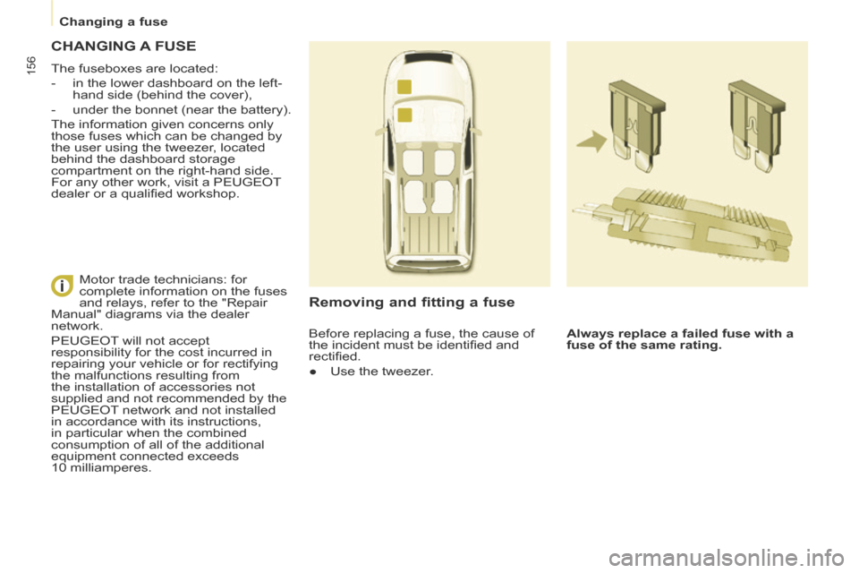 Peugeot Partner Tepee 2014  Owners Manual - RHD (UK, Australia)    Changing  a  fuse   
156
 CHANGING  A  FUSE 
 The fuseboxes are located: 
   -   in the lower dashboard on the left-hand side (behind the cover), 
  -   under the bonnet (near the battery).  
 The 