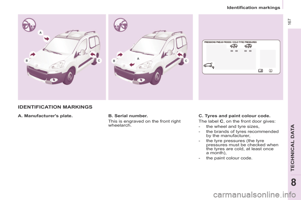 Peugeot Partner Tepee 2014  Owners Manual - RHD (UK, Australia)    Identification  markings   
 167
TECHNICAL DATA
8
 IDENTIFICATION  MARKINGS  
  A.  Manufacturers  plate.    C. Tyres and paint colour code. 
 The label  C , on the front door gives: 
   -   the  