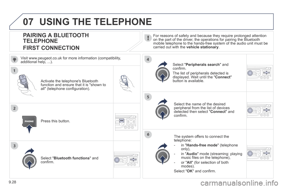 Peugeot Partner Tepee 2014 Owners Manual - RHD (UK, Australia) 9.28
07
PAIRING A BLUETOOTH
TELEPHONE
FIRST CONNECTION
For reasons of safety and because they require prolonged attention on the part of the driver, the operations for pairing the Peugeot Partner Tepee 2014 Owners Manual - RHD (UK, Australia) 9.28
07
PAIRING A BLUETOOTH
TELEPHONE
FIRST CONNECTION
For reasons of safety and because they require prolonged attention on the part of the driver, the operations for pairing the