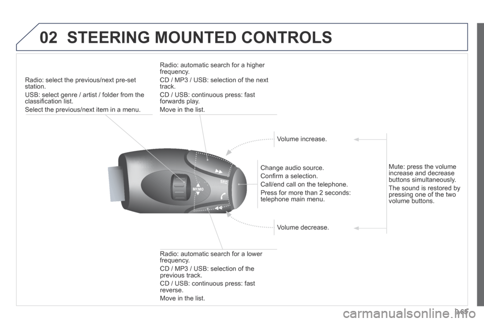 Peugeot Partner Tepee 2014  Owners Manual - RHD (UK, Australia) 9.65
02 STEERING MOUNTED CONTROLS 
Radio: select the previous/next pre-set station. 
 USB: select genre / artist / folder from the classiﬁ cation list. 
 Select the previous/next item in a menu.  
 