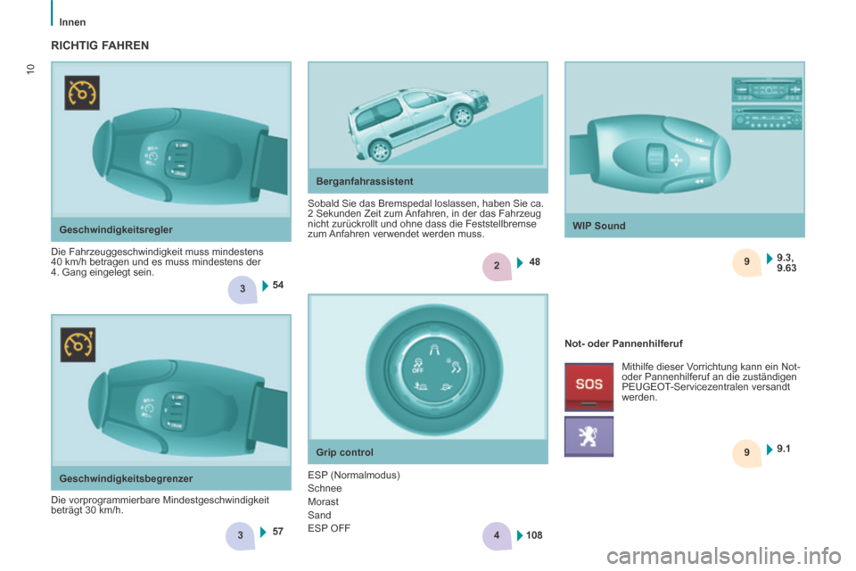 Peugeot Partner Tepee 2014  Betriebsanleitung (in German) 3
2
3
9 9
4
5448
57 9.1
9.3,
9.63
108
10
   Innen   
10
  Geschwindigkeitsregler 
 Die Fahrzeuggeschwindigkeit muss mindestens 
40 km/h betragen und es muss mindestens der 
4. Gang eingelegt sein.    