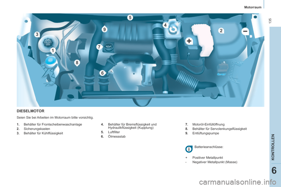 Peugeot Partner Tepee 2014 Betriebsanleitung (in German) Motorraum
135
KONTROLLEN
6
DIESELMOTOR
4. Behälter für Bremsfl üssigkeit und Hydraulikfl üssigkeit (Kupplung)
5. Luftfi lter
6. Ölmessstab 7. Motoröl-Einfüllöff Peugeot Partner Tepee 2014 Betriebsanleitung (in German) Motorraum
135
KONTROLLEN
6
DIESELMOTOR
4. Behälter für Bremsfl üssigkeit und Hydraulikfl üssigkeit (Kupplung)
5. Luftfi lter
6. Ölmessstab 7. Motoröl-Einfüllöff