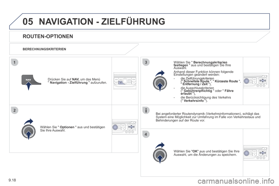 Peugeot Partner Tepee 2014 Betriebsanleitung (in German) 9.18
05 NAVIGATION - ZIELFÜHRUNG
ROUTEN-OPTIONEN
BERECHNUNGSKRITERIEN
Wählen Sie " Optionen " aus und bestätigen Sie Ihre Auswahl.
Wählen Sie " OK " aus und bestätigen Sie Peugeot Partner Tepee 2014 Betriebsanleitung (in German) 9.18
05 NAVIGATION - ZIELFÜHRUNG
ROUTEN-OPTIONEN
BERECHNUNGSKRITERIEN
Wählen Sie " Optionen " aus und bestätigen Sie Ihre Auswahl.
Wählen Sie " OK " aus und bestätigen Sie