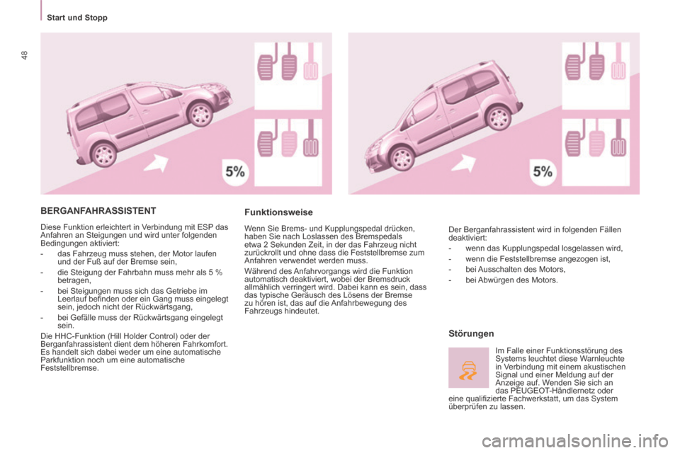 Peugeot Partner Tepee 2014  Betriebsanleitung (in German)    Start  und  Stopp   
48
 BERGANFAHRASSISTENT 
 Diese Funktion erleichtert in Verbindung mit ESP das 
Anfahren an Steigungen und wird unter folgenden 
Bedingungen aktiviert: 
   -   das Fahrzeug mus