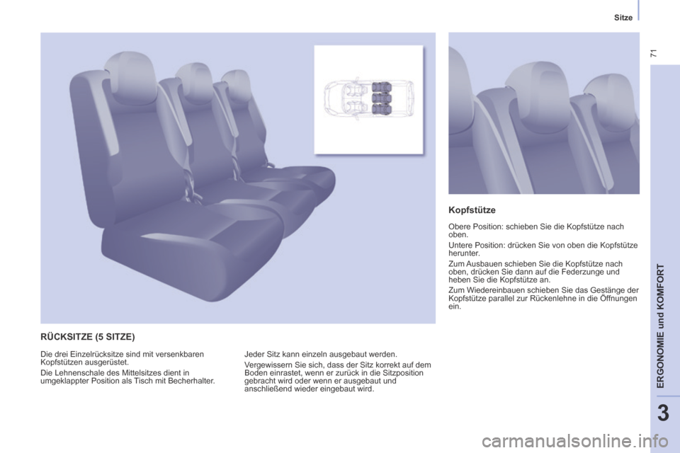 Peugeot Partner Tepee 2014 Betriebsanleitung (in German) Sitze
71
ERGONOMIE
und
KOMFORT
3
RÜCKSITZE (5 SITZE)
Kopfstütze
Obere Position: schieben Sie die Kopfstütze nach
oben.
Untere Position: drücken Sie von oben die Kopfstütze
heru Peugeot Partner Tepee 2014 Betriebsanleitung (in German) Sitze
71
ERGONOMIE
und
KOMFORT
3
RÜCKSITZE (5 SITZE)
Kopfstütze
Obere Position: schieben Sie die Kopfstütze nach
oben.
Untere Position: drücken Sie von oben die Kopfstütze
heru