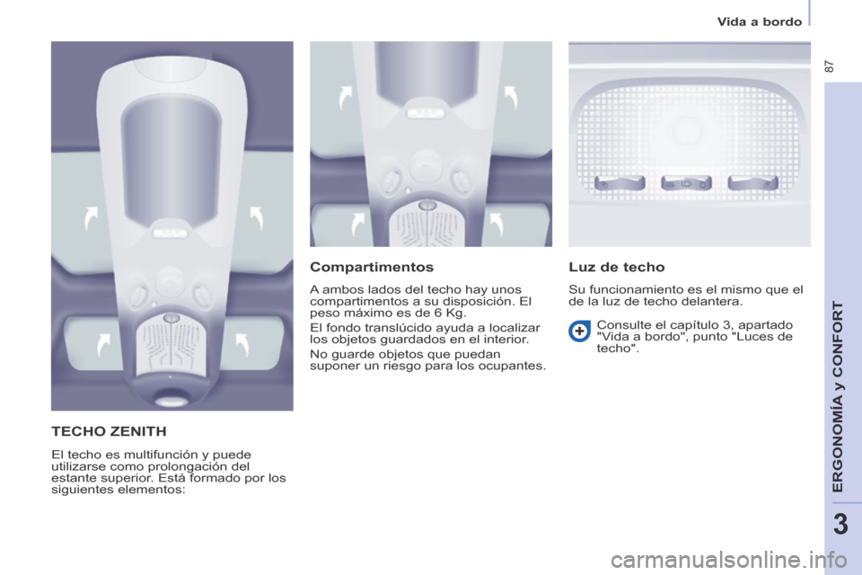 Peugeot Partner Tepee 2014 Manual del propietario (in Spanish) Vida a bordo
87
ERGONOMÍA
y C
ERGONOMÍA
y C
ERGONOMÍA
ONFORT
3
TECHO ZENITH
El techo es multifunción y puede
utilizarse como prolongación del
estante superior. Está formado Peugeot Partner Tepee 2014 Manual del propietario (in Spanish) Vida a bordo
87
ERGONOMÍA
y C
ERGONOMÍA
y C
ERGONOMÍA
ONFORT
3
TECHO ZENITH
El techo es multifunción y puede
utilizarse como prolongación del
estante superior. Está formado