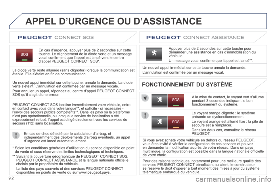 Peugeot Partner Tepee 2014 Manuel du propriétaire (in French) 9.2
APPEL D’URGENCE OU D’ASSISTANCE
En cas d’urgence, appuyer plus de 2 secondes sur cette touche. Le clignotement de la diode verte et un message vocal confi rment que l’appel est lancé Peugeot Partner Tepee 2014 Manuel du propriétaire (in French) 9.2
APPEL D’URGENCE OU D’ASSISTANCE
En cas d’urgence, appuyer plus de 2 secondes sur cette touche. Le clignotement de la diode verte et un message vocal confi rment que l’appel est lancé