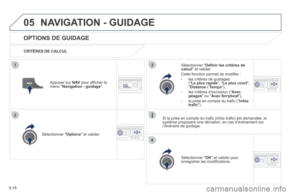 Peugeot Partner Tepee 2014 Manuel du propriétaire (in French) 9.18
05 NAVIGATION - GUIDAGE
OPTIONS DE GUIDAGE
CRITÈRES DE CALCUL
Sélectionner " Options " et valider.
Sélectionner " OK " et valider pour enregistrer les modifi cations.
S Peugeot Partner Tepee 2014 Manuel du propriétaire (in French) 9.18
05 NAVIGATION - GUIDAGE
OPTIONS DE GUIDAGE
CRITÈRES DE CALCUL
Sélectionner " Options " et valider.
Sélectionner " OK " et valider pour enregistrer les modifi cations.
S