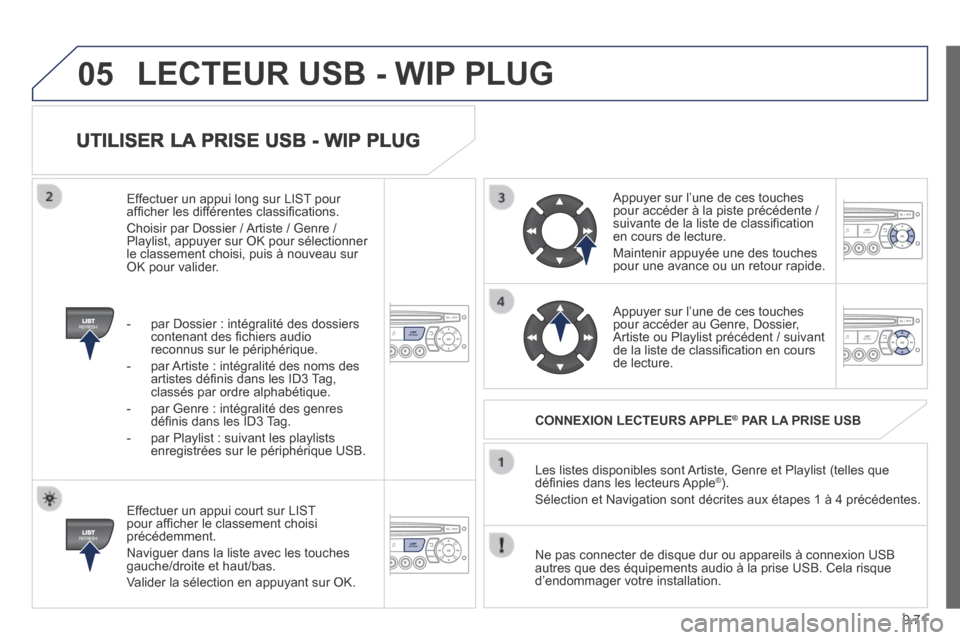 Peugeot Partner Tepee 2014  Manuel du propriétaire (in French) 9.71
05
  UTILISER LA PRISE USB - WIP PLUG 
  Effectuer un appui court sur LIST pour afﬁ cher le classement choisi précédemment. 
 Naviguer dans la liste avec les touches gauche/droite et haut/bas