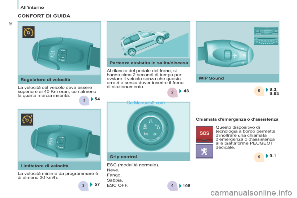 Peugeot Partner Tepee 2014  Manuale del proprietario (in Italian) 3
2
3
9 9
4
5448
57 9.1
9.3,
9.63
108
10
   Allinterno   
10
  Regolatore  di  velocità 
 La velocità del veicolo deve essere 
superiore ai 40 Km orari, con almeno 
la quarta marcia inserita.    Al